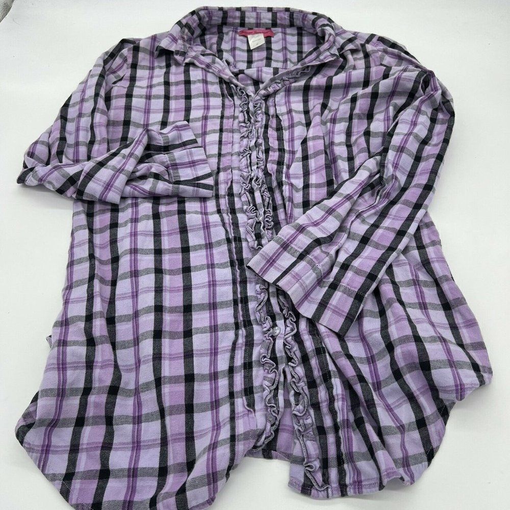 Betsey Johnson Intimates Purple Plaid ButtonโDown Ruffle Womenโs Medium